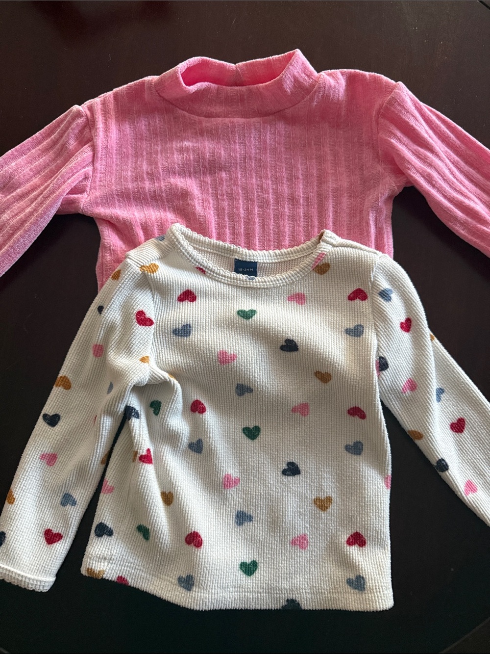 Old Navy Girls Pink Ribbed Mock Neck Top & White Heart Print Pullover